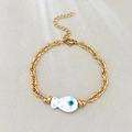 18k gold plated stainless steel bracelet featuring a white ceramic evil eye fish charm - White