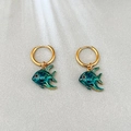 Golden hoop earrings featuring blue and green enamel tropical fish pendants - Blue Fish