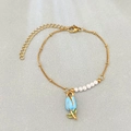 Collana di perle dorate con ciondolo a tulipano azzurro e catena di estensione elegante - Blu