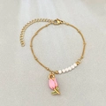 Collana con ciondolo a tulipano dorato, smalto rosa e perle bianche da donna - Rosa