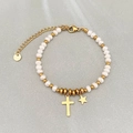 Bracelet en acier titane doré avec perles blanches et pendentifs croix et étoile - Pendentif Croix et Pentagramme (Style 6)