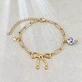Pulsera de clip bañada en oro de 18k con cuenta floral azul y colgante de lazo - Estilo Lazo