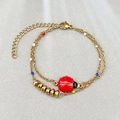 Double-layer gold plated bracelet featuring a red ladybug pendant and colorful beads - Double Layer Ladybug Tag Style (Style 3)