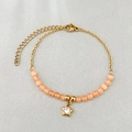 Gold stainless steel beaded bracelet with orange cat-eye stone and star zircon charm - Orange