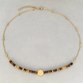 Bohemian tiger eye beaded necklace with a golden embossed saint medal pendant - Virgin Mary Style