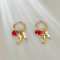 Golden hoop earrings with dolphin charm, red stone and white pearl in ocean style - Dolphin & Red Bead Style (Style 5)