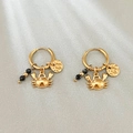 Elegant gold crab charm earrings with black beads and hammered round discs on hoops - Crab & Black Bead Style (Style 6)