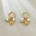 Gold stainless steel hoop earrings with starfish, pearl, and natural stone charms - Starfish Pearl & Stones Style (Style 7)
