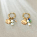 Golden sea shell hoop earrings with blue disc beads and colorful small charms - Shell Blue Disc & Color Beads Style (Style 8)