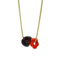 Schicke Goldkette mit tiefem bernsteinfarbenem Herz und leuchtend rotem Acryl-Blütenanhänger - Dunkelbraun/Rote Blume