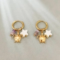 Gold stainless steel hoop earrings with purple beads, sea turtle and white star charms - Sea Turtle & Purple Star Style (Style 9)