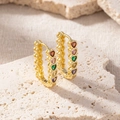 Close-up of golden hoop earrings featuring colorful heart-shaped crystals and beaded edges - Multicolor Heart Rhinestone