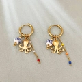 Golden octopus hoop earrings with ceramic beads and colorful hanging chains - Octopus Ceramic & Color Beads Style (Style 10)