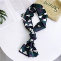 Narrow silk scarf with dark green and orange geometric patterns for stylish decoration - 24 Square Patch Green Base