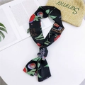 Narrow black silk scarf featuring bohemian floral prints and cactus patterns for women - 9 Bouquet Black