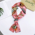 Pink slim silk scarf with artistic floral print and elegant satin finish for women - 8 Bouquet Pink