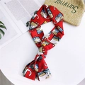 Red narrow silk scarf with artistic cat pattern on a white decorative background - 4 Window Cat Red