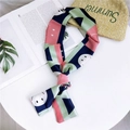 Narrow silk scarf with colorful geometric blocks and white smiley face pattern - 16 Plaid Emoji Navy