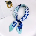 Blue and white geometric silk scarf with letter print tied in a decorative ring shape - 70x70cm / Maple Leaf Light Blue Edge