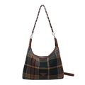 Borsa hobo retrò in lana a quadri verde e gialla con tracolla intrecciata in pelle - verde scuro