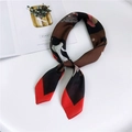 Artistic square silk scarf with cat and bird print in black, brown and red tones - 70x70cm / Cattle and Leopard Red Edge