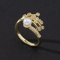 Detail of elegant gold-plated ring with large white pearl and pavé cubic zirconia - Gold Crown Pearl Pave Zirconia Style (Style A)