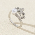 Macro shot of elegant pearl ring with cubic zirconia micro-pave and silver band - Silver Crown Pearl Pave Zirconia Style (Style B)