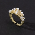 Elegant gold open ring featuring white pearls, sparkling zircons and wavy texture - Gold Textured Multi-Pearl Rhinestone Style (Style G)