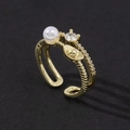 Detail of adjustable gold ring with white pearl, zircon stone, and sycee charm - Gold Double-Band Ingot Pearl Style (Style M)