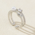 Detail of silver double-layered open ring with pearl, zircon and sycee ornament - Silver Double-Band Ingot Pearl Style (Style N)