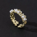 Macro detail of adjustable gold ring with inlaid pearls and cubic zirconia squares - Gold Vintage Square Frame Zirconia Pearl Style (Style O)