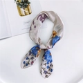 Elegant floral 70cm silk square scarf in beige with blue and orange botanical prints - 70x70cm / Beautiful Life Khaki