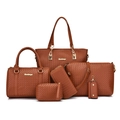 Ensemble 6 pièces en cuir PU marron avec grand cabas et sac bandoulière pour femme - Marron