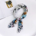 Elegant grey floral silk scarf with vibrant blue flower pattern and artistic black lines - 70x70cm / Beautiful Life Ivory