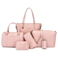 Ensemble 6 pièces de sacs à main roses avec texture tressée, grand cabas et bandoulière - Rose