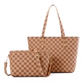 Brown checkerboard tote and crossbody bag set with logo print and gold hardware - Yellow Brown