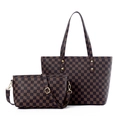 Brown checkerboard tote bag set with matching crossbody purse and golden hardware - Dark Brown