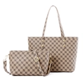 Brown monogram 2-piece tote and crossbody bag set with gold hardware on white background - Khaki