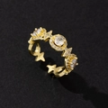 Minimalist gold star ring with cubic zirconia stones and adjustable open band design - Gold Star Zirconia Open Ring (A)