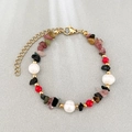 Bohemian pearl and red gemstone gravel bracelet with gold adjustable chain clasp - Mixed Tourmaline Stone Bracelet