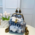 Blue ink landscape print Oxford backpack with durable brown straps and gold metal buckle - Landscape