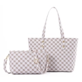 Large beige checkerboard tote bag set with matching small crossbody bag and gold hardware - White