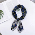 Square silk scarf with blue and green animal prints and floral patterns on white background - Spotted Navy