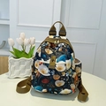 Mini floral oxford backpack for women with dark blue botanical print and side pocket - Flower