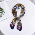 Elegant silk scarf with leopard and chain print patterns in navy blue and gold - Polygonal Leopard Navy
