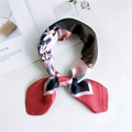 Floral print silk square scarf in pink and navy blue for women, tied in a loop style - 3 Rabbit Elf Rose Red Border