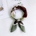 Silk square scarf featuring brown and green jasmine floral patterns and geometric lines - 2 Rabbit Elf Green Border