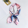 Pink and blue floral skinny silk scarf tied in a bow for bags or hair styling - Apricot Blossom Pink