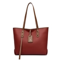 Deep red pebbled leather tote bag with brown handles and a matching brand tag - Brick Red