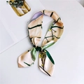 Floral apricot pink skinny silk scarf with yellow flower patterns for hair or handbags - Apricot Beige